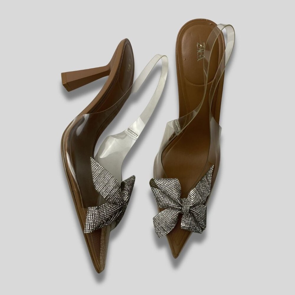 ZARA Crystal Bow Slingback Heels Clear PVC Pointed Pumps Nude Size 40